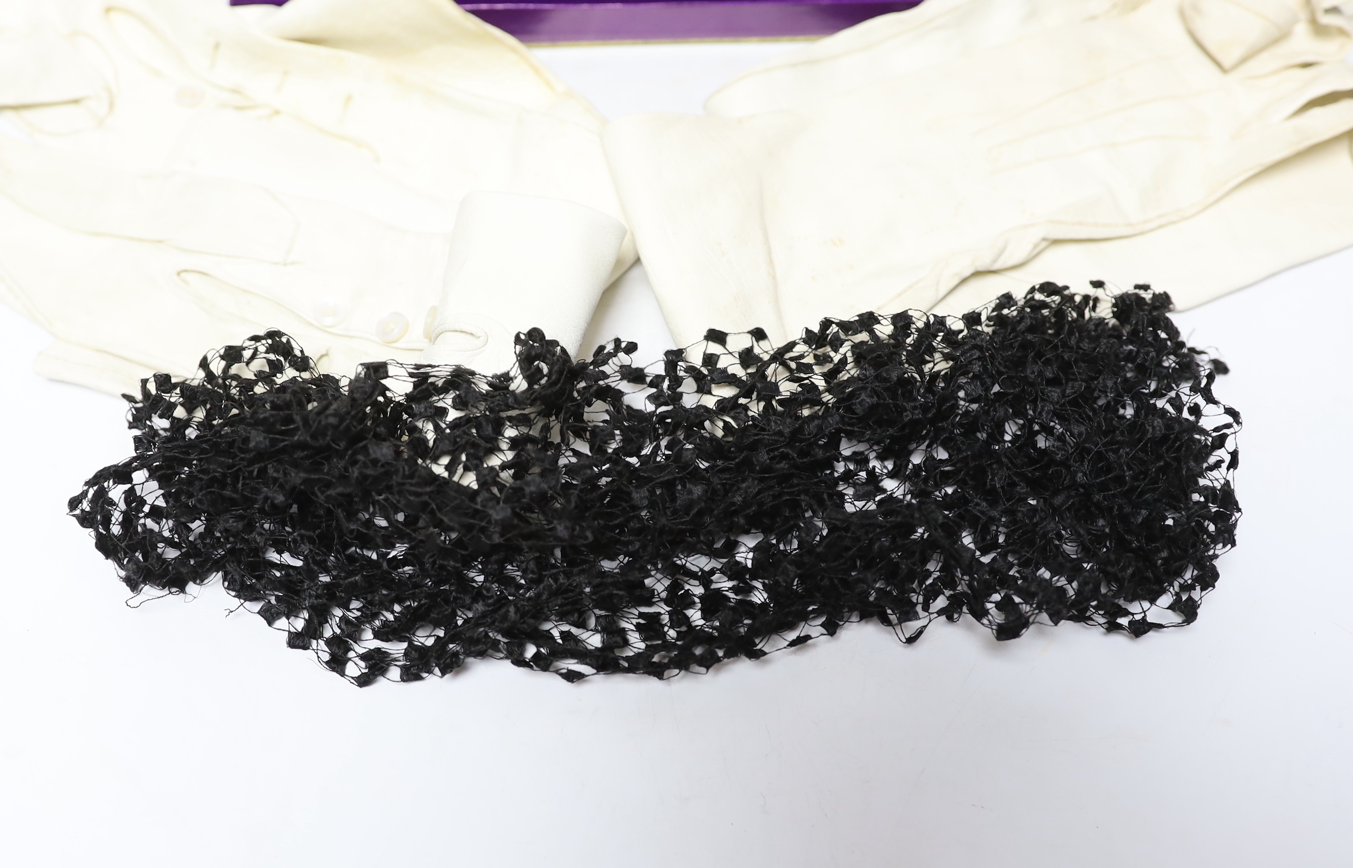 Cream leather evening gloves, bonnet veiling and decorative bridal headdress